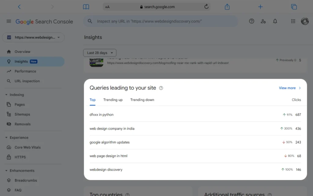 List of search queries with corresponding clicks and impressions in the Google Insights report.